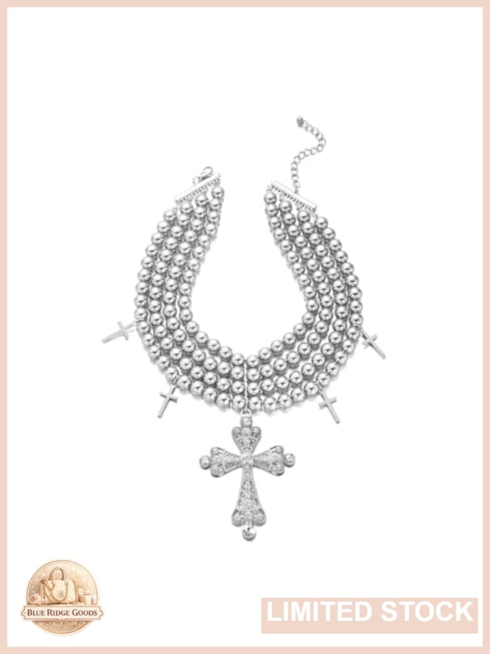 Chunky Layered Cross Pendant Choker Necklace CZ Pearl Beaded Statement Jewelry